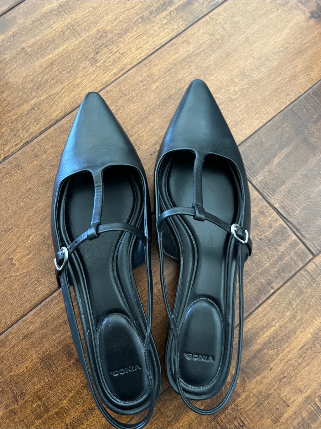 Vince Black Pointed Leather Slingback Flats With Buckle